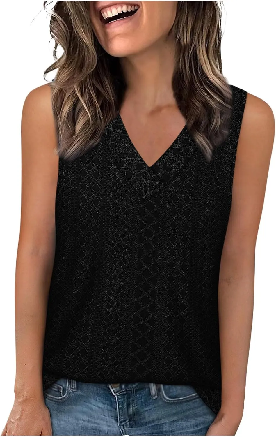 Women Summer Tank Top Eyelet Embroidery Sleeveless V Neck Shirt Loose Work Tunic 2025 Summer Fashion Casual Clothes