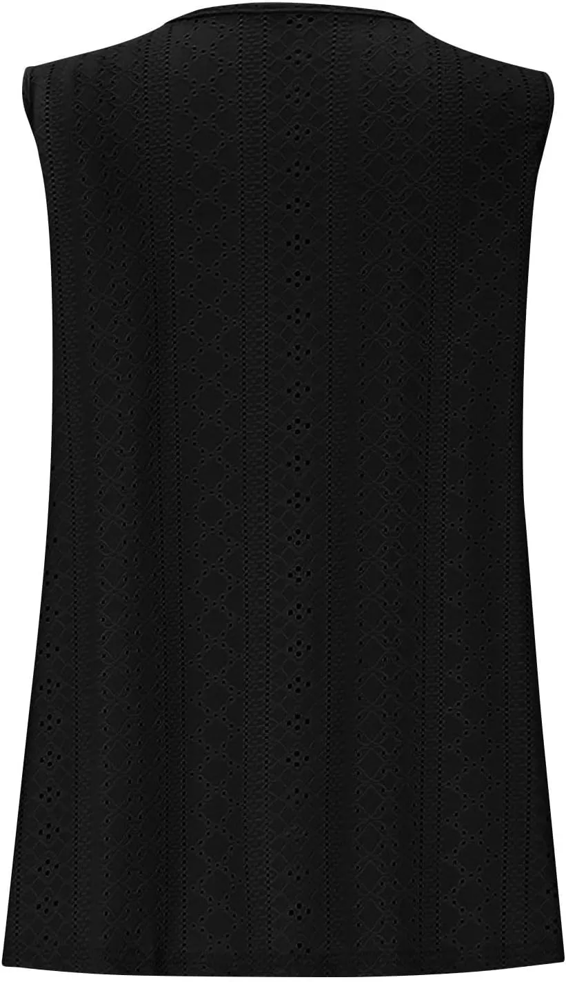 Women Summer Tank Top Eyelet Embroidery Sleeveless V Neck Shirt Loose Work Tunic 2025 Summer Fashion Casual Clothes