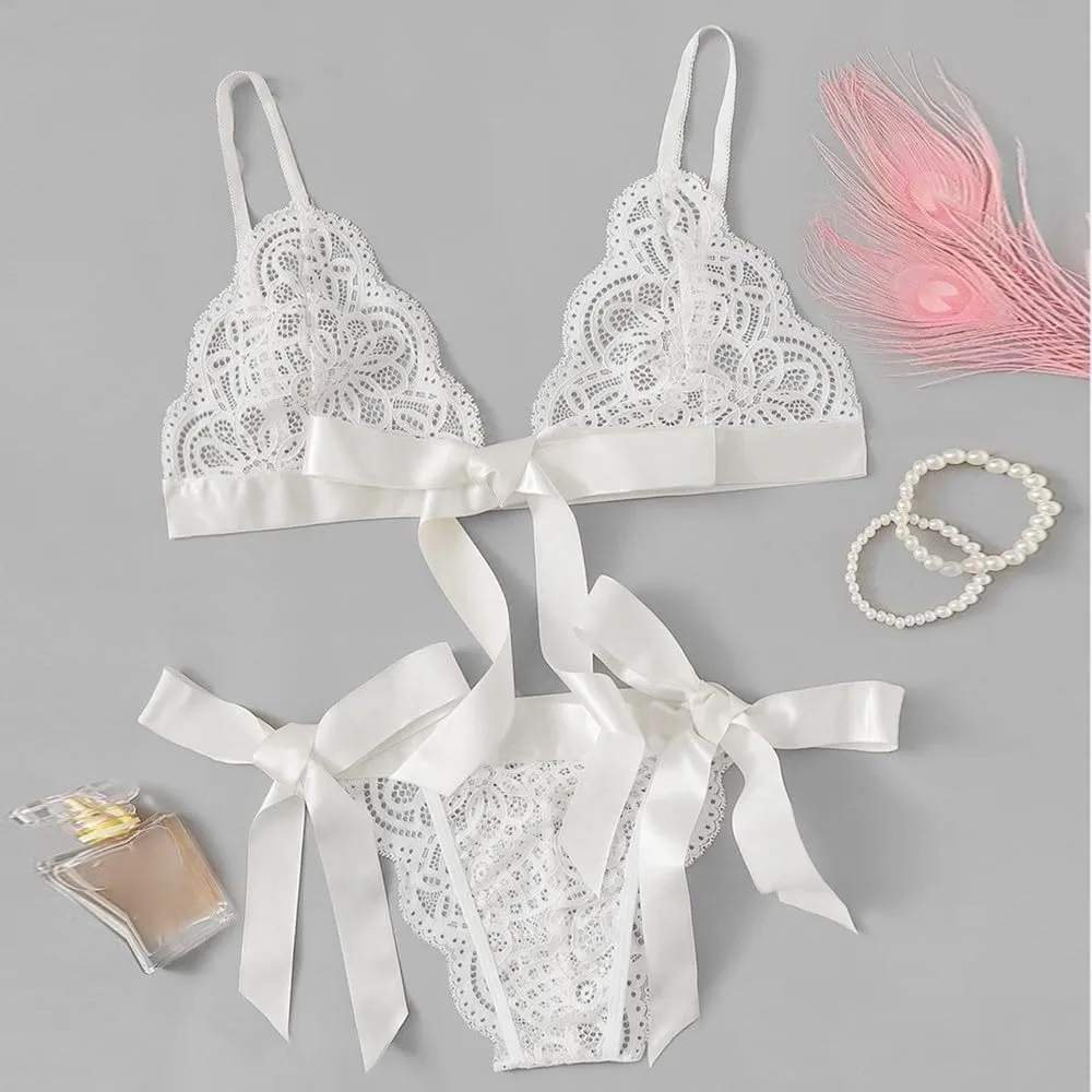 Women Underpant Bra Bow Side Sexy Lingerie Set Scalloped Trim Tie Lace Corset Lingerie for Women Fishnet