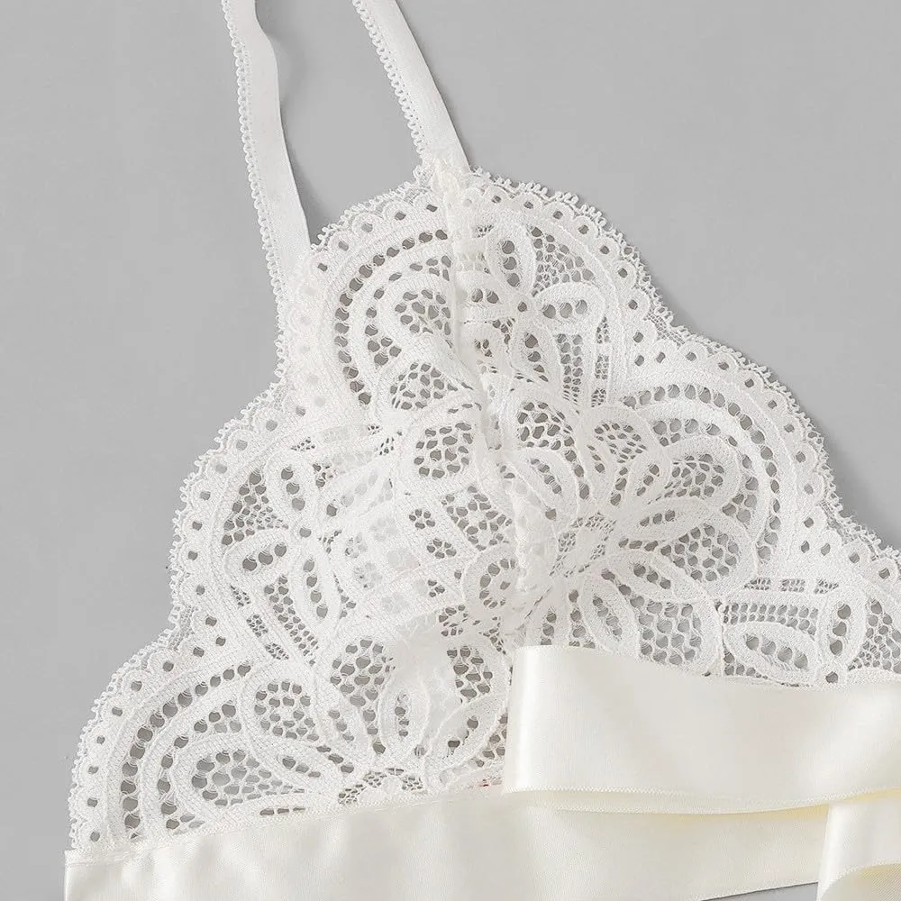 Women Underpant Bra Bow Side Sexy Lingerie Set Scalloped Trim Tie Lace Corset Lingerie for Women Fishnet