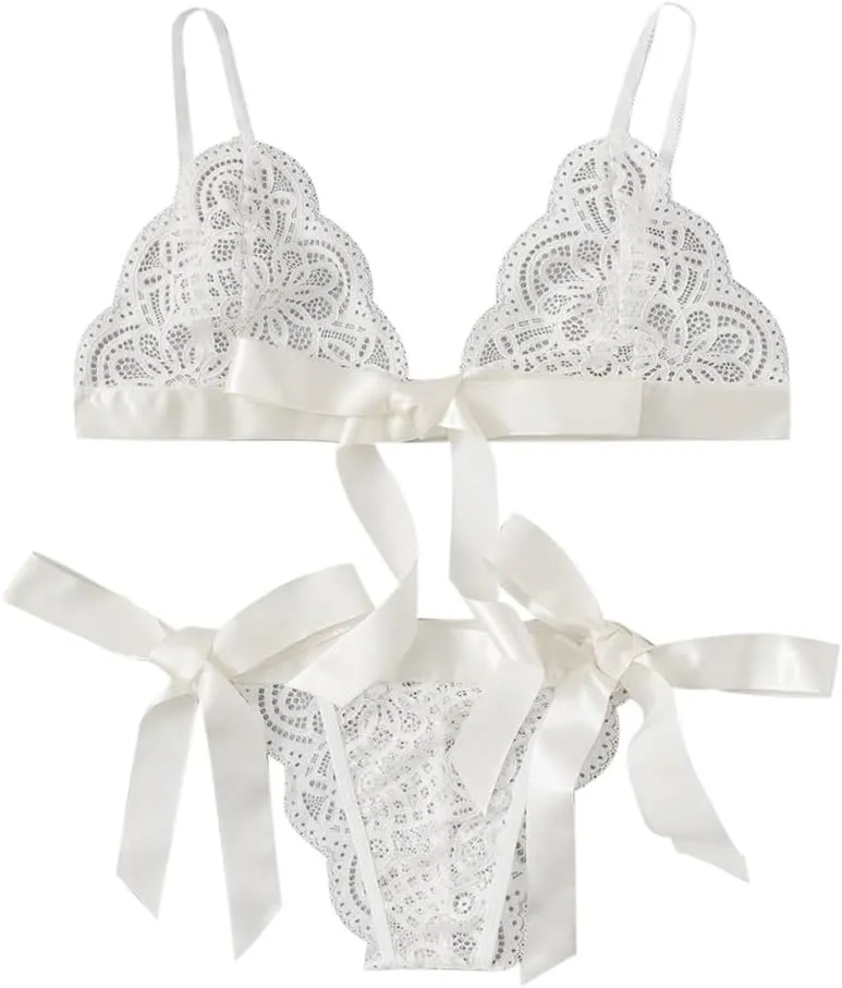 Women Underpant Bra Bow Side Sexy Lingerie Set Scalloped Trim Tie Lace Corset Lingerie for Women Fishnet