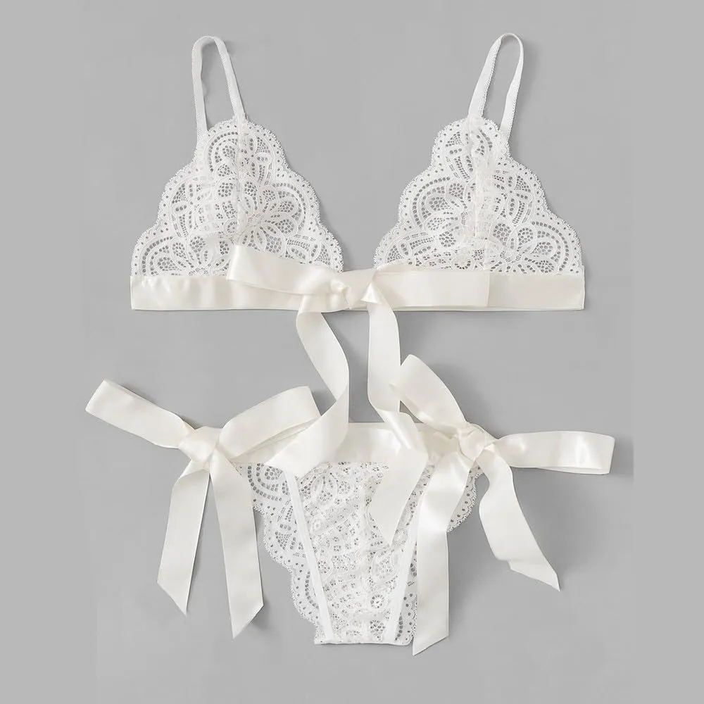 Women Underpant Bra Bow Side Sexy Lingerie Set Scalloped Trim Tie Lace Corset Lingerie for Women Fishnet