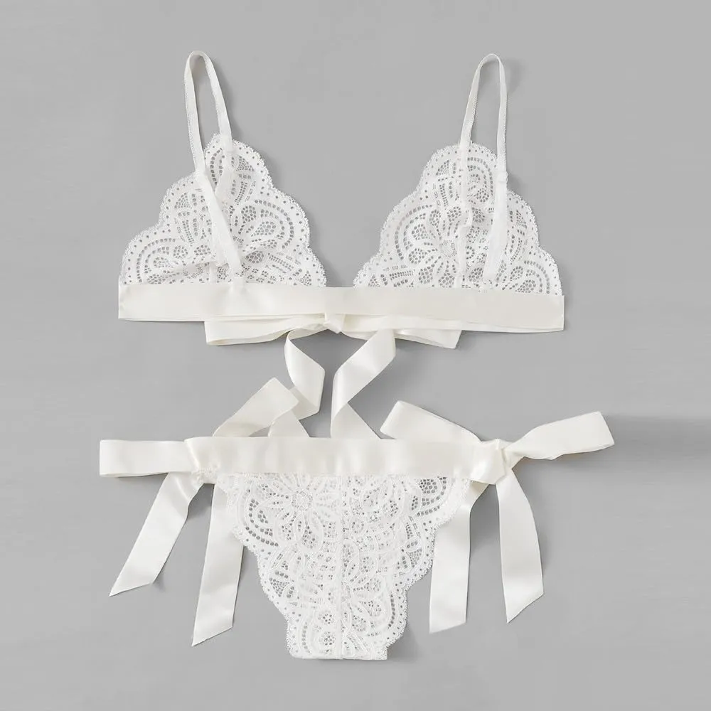 Women Underpant Bra Bow Side Sexy Lingerie Set Scalloped Trim Tie Lace Corset Lingerie for Women Fishnet