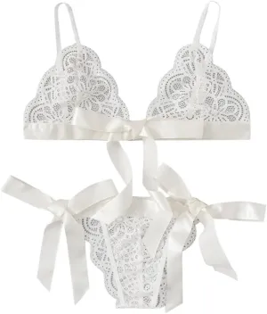 Women Underpant Bra Bow Side Sexy Lingerie Set Scalloped Trim Tie Lace Corset Lingerie for Women Fishnet