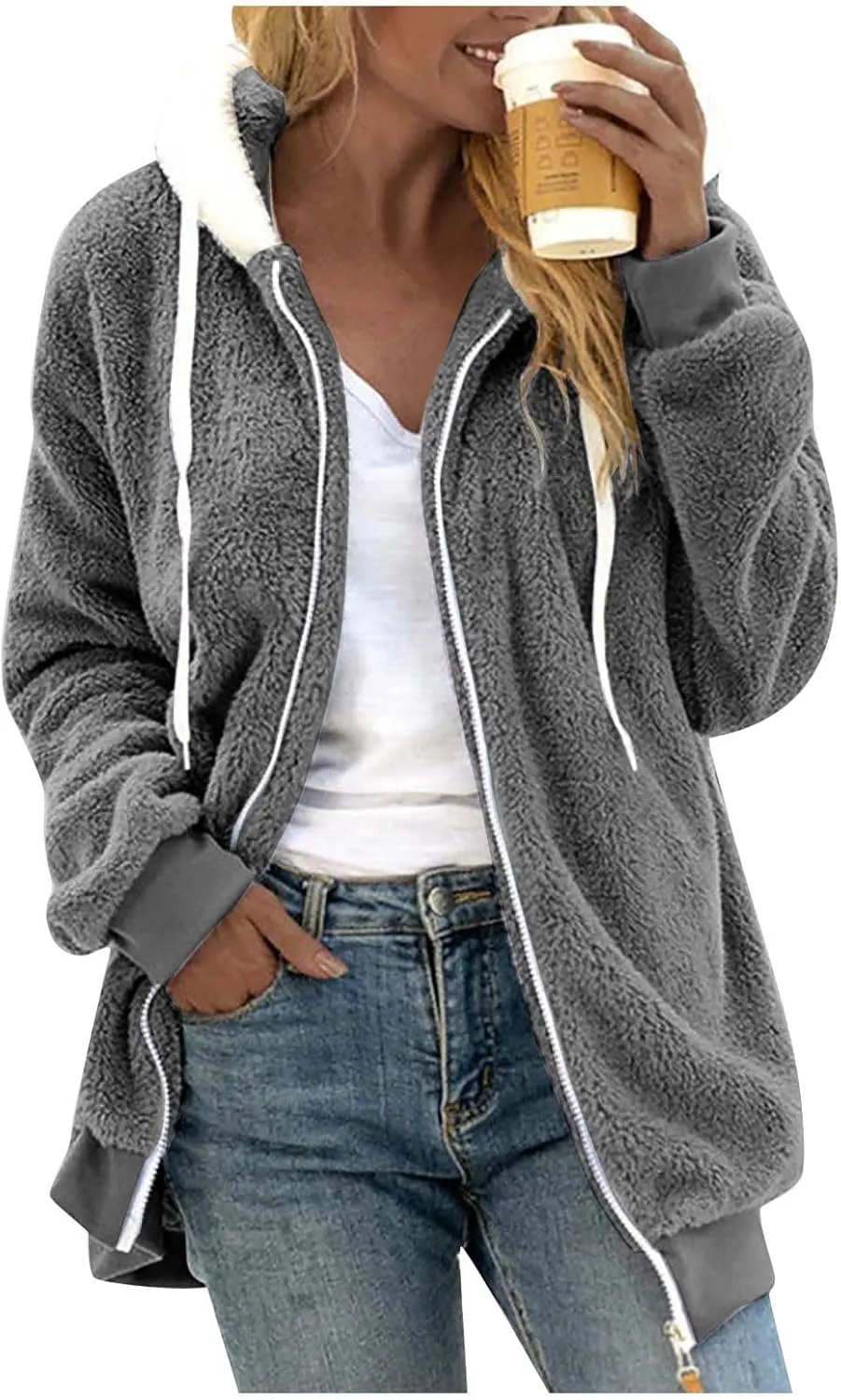 Women Winter Faux Fur Coat Trendy Long Sleeve Fuzzy Fleece Outerwear Zipper Sherpa Jackets with Hood Plus Size Tops