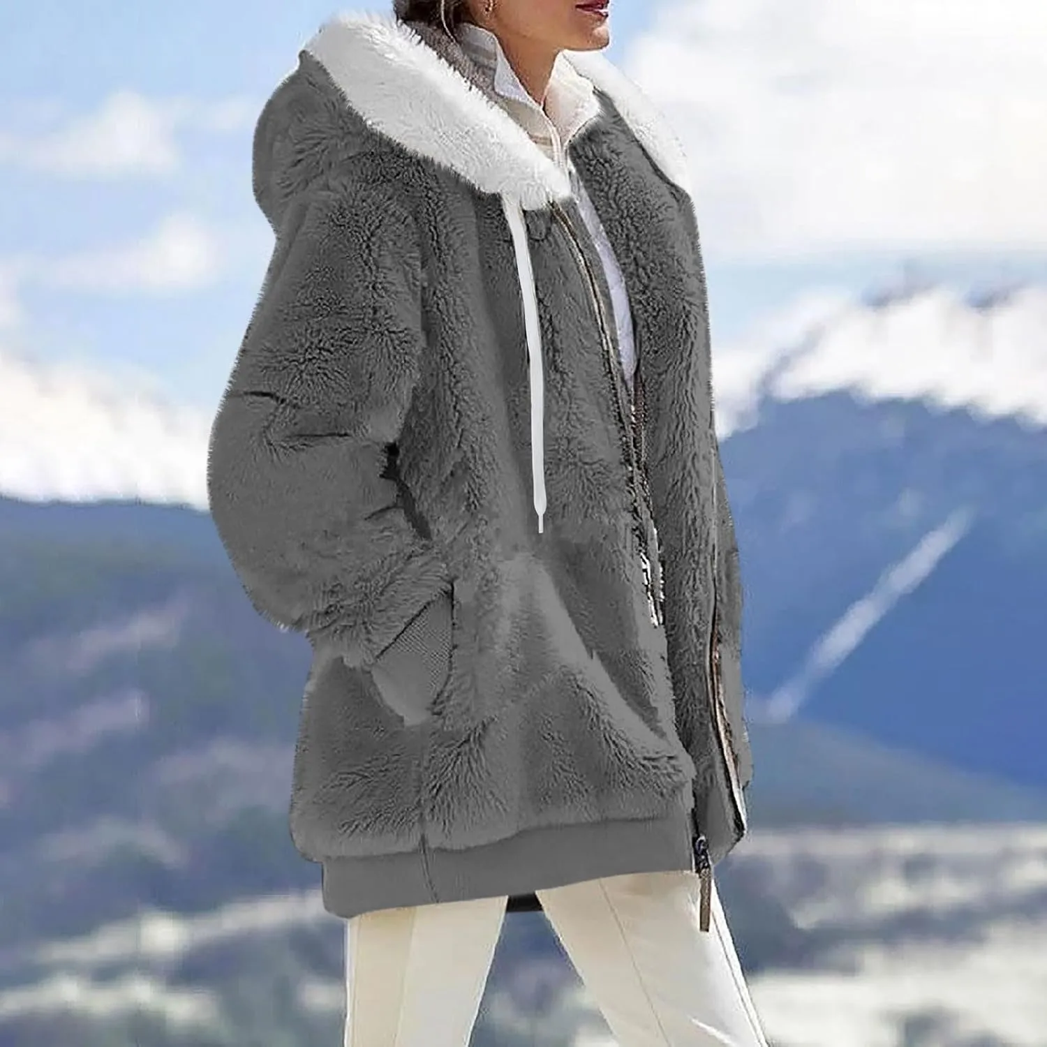 Women Winter Faux Fur Coat Trendy Long Sleeve Fuzzy Fleece Outerwear Zipper Sherpa Jackets with Hood Plus Size Tops