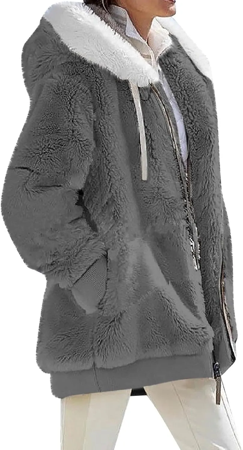 Women Winter Faux Fur Coat Trendy Long Sleeve Fuzzy Fleece Outerwear Zipper Sherpa Jackets with Hood Plus Size Tops