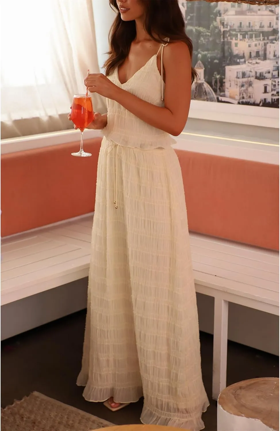 Women Y2k 2 Piece Maxi Skirt Set Sexy Backless Halter Crop Cami Top Tiered Smocked Flowy Long Skirt Beach Matching Set