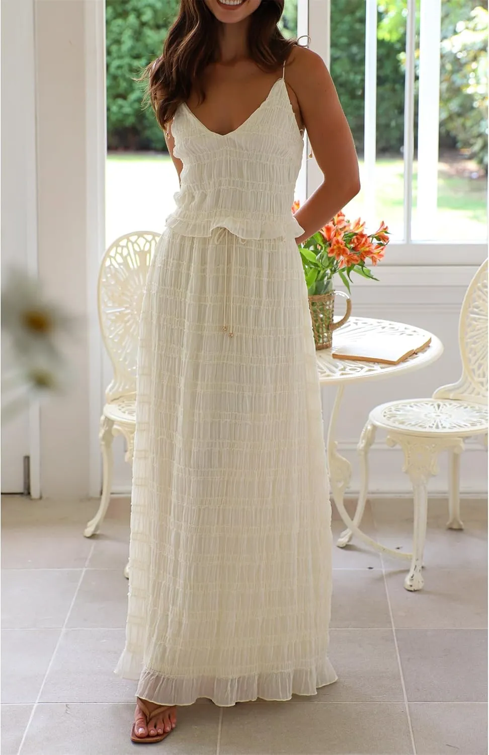 Women Y2k 2 Piece Maxi Skirt Set Sexy Backless Halter Crop Cami Top Tiered Smocked Flowy Long Skirt Beach Matching Set