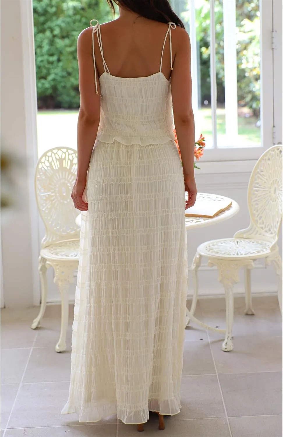 Women Y2k 2 Piece Maxi Skirt Set Sexy Backless Halter Crop Cami Top Tiered Smocked Flowy Long Skirt Beach Matching Set