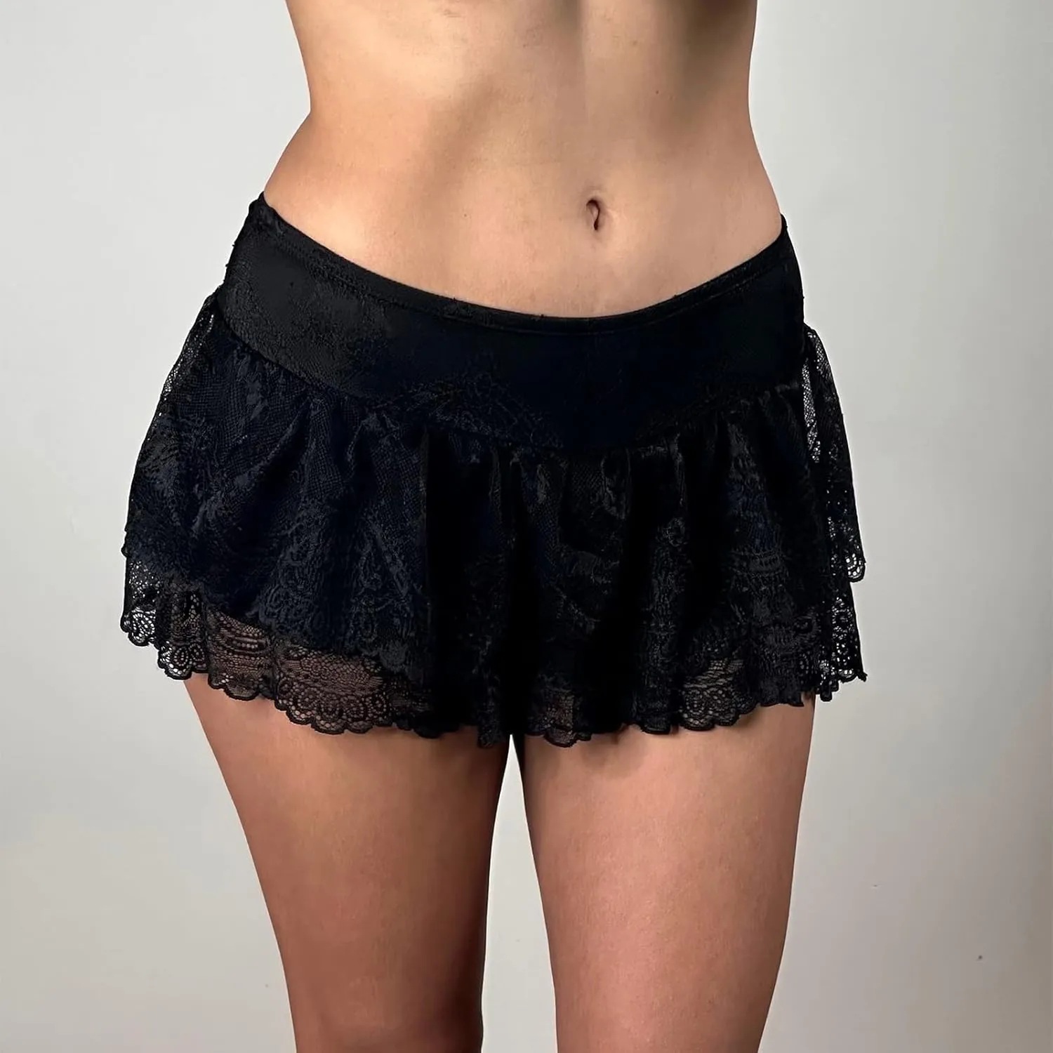Women Y2K Floral Lace Mini Skirt Sexy Low Waist Solid Color See Through Flirty Lingerie Skirt Summer Sleepwear
