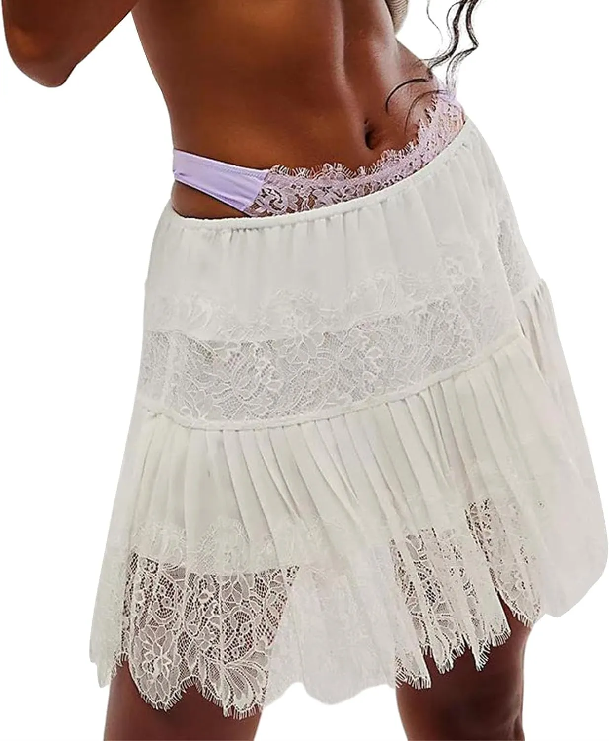Women Y2k Lace Mini Skirts Summer Pleated Ruffle Half Slip Floral Lace Tiered Flowy Sexy Short Skirts