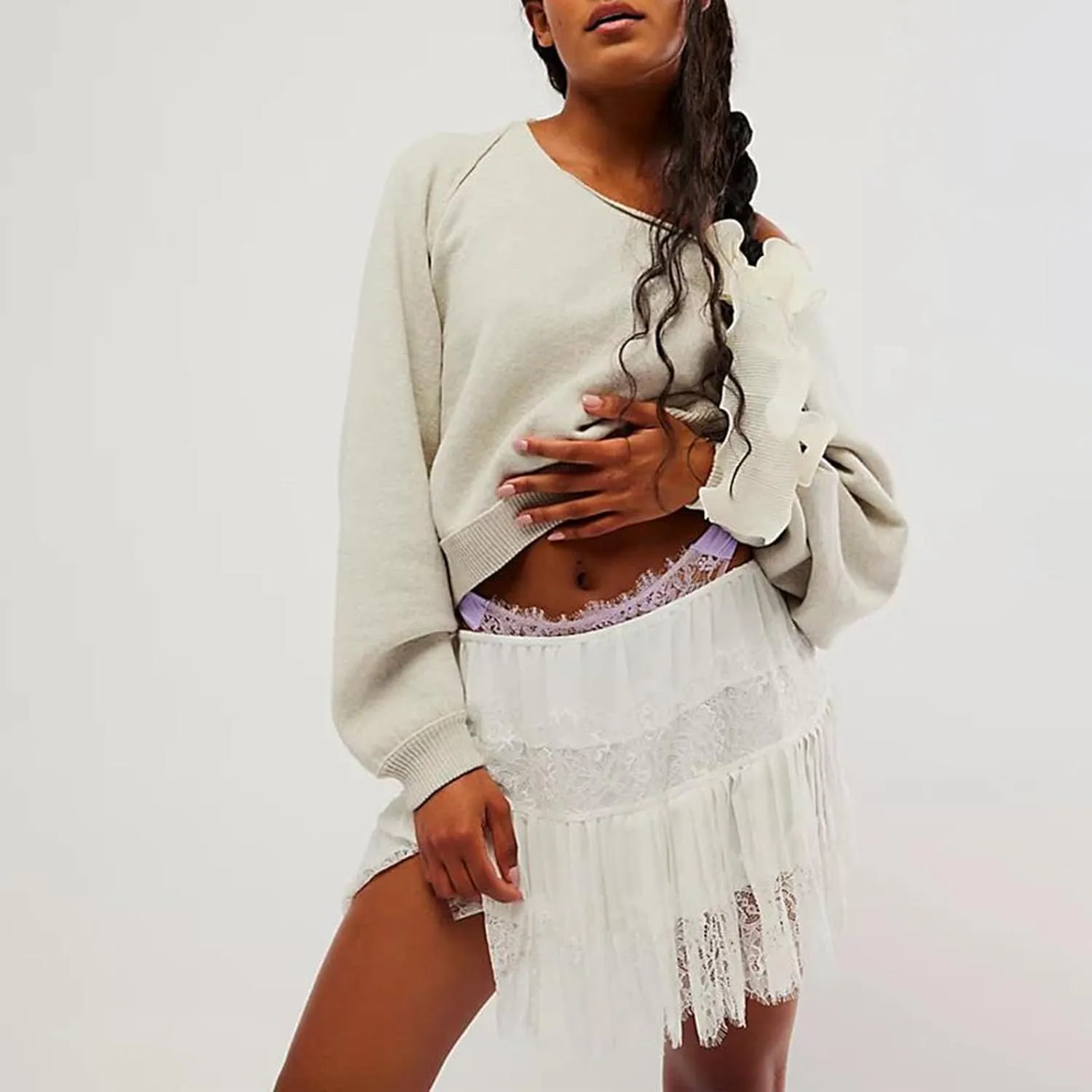 Women Y2k Lace Mini Skirts Summer Pleated Ruffle Half Slip Floral Lace Tiered Flowy Sexy Short Skirts