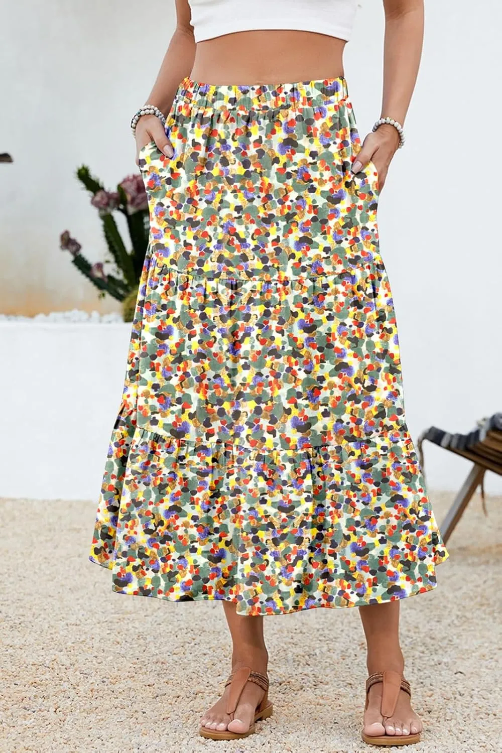 Women's 2025 Summer Boho Tiered Maxi Skirt Flowy A-Line Elastic Waist with Pockets Trendy Beach Long Skirts