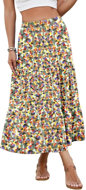 Women's 2025 Summer Boho Tiered Maxi Skirt Flowy A-Line Elastic Waist with Pockets Trendy Beach Long Skirts