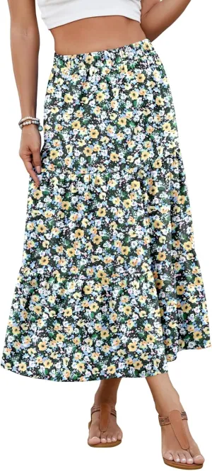 Women's 2025 Summer Boho Tiered Maxi Skirt Flowy A-Line Elastic Waist with Pockets Trendy Beach Long Skirts