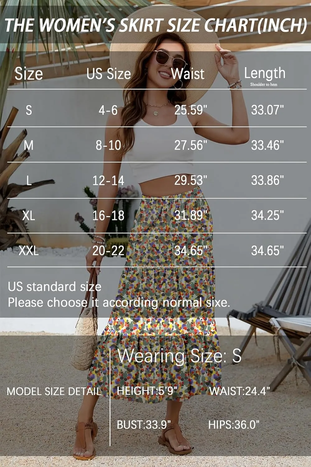 Women's 2025 Summer Boho Tiered Maxi Skirt Flowy A-Line Elastic Waist with Pockets Trendy Beach Long Skirts