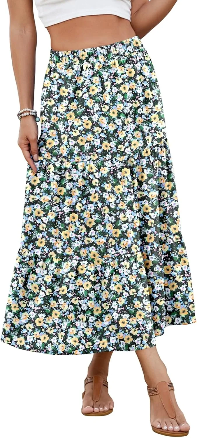 Women's 2025 Summer Boho Tiered Maxi Skirt Flowy A-Line Elastic Waist with Pockets Trendy Beach Long Skirts