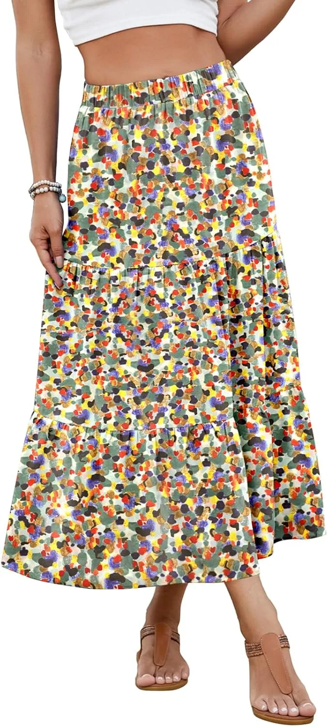 Women's 2025 Summer Boho Tiered Maxi Skirt Flowy A-Line Elastic Waist with Pockets Trendy Beach Long Skirts
