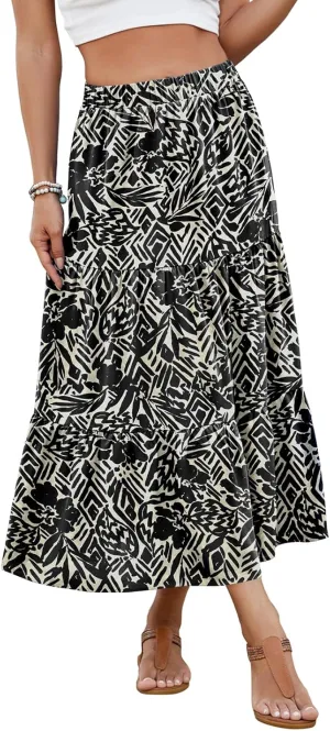 Women's 2025 Summer Boho Tiered Maxi Skirt Flowy A-Line Elastic Waist with Pockets Trendy Beach Long Skirts