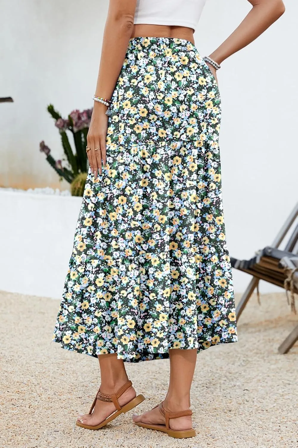 Women's 2025 Summer Boho Tiered Maxi Skirt Flowy A-Line Elastic Waist with Pockets Trendy Beach Long Skirts