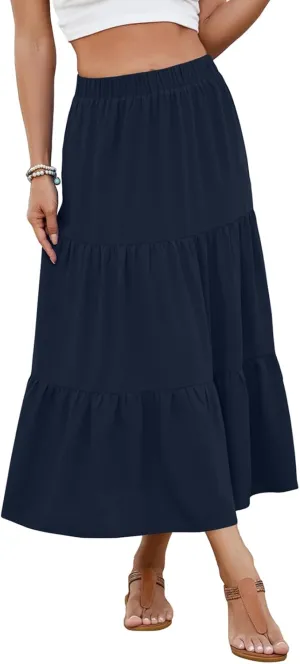 Women's 2025 Summer Boho Tiered Maxi Skirt Flowy A-Line Elastic Waist with Pockets Trendy Beach Long Skirts