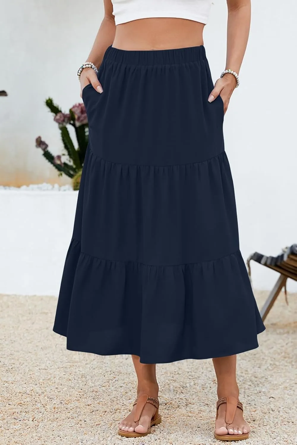 Women's 2025 Summer Boho Tiered Maxi Skirt Flowy A-Line Elastic Waist with Pockets Trendy Beach Long Skirts