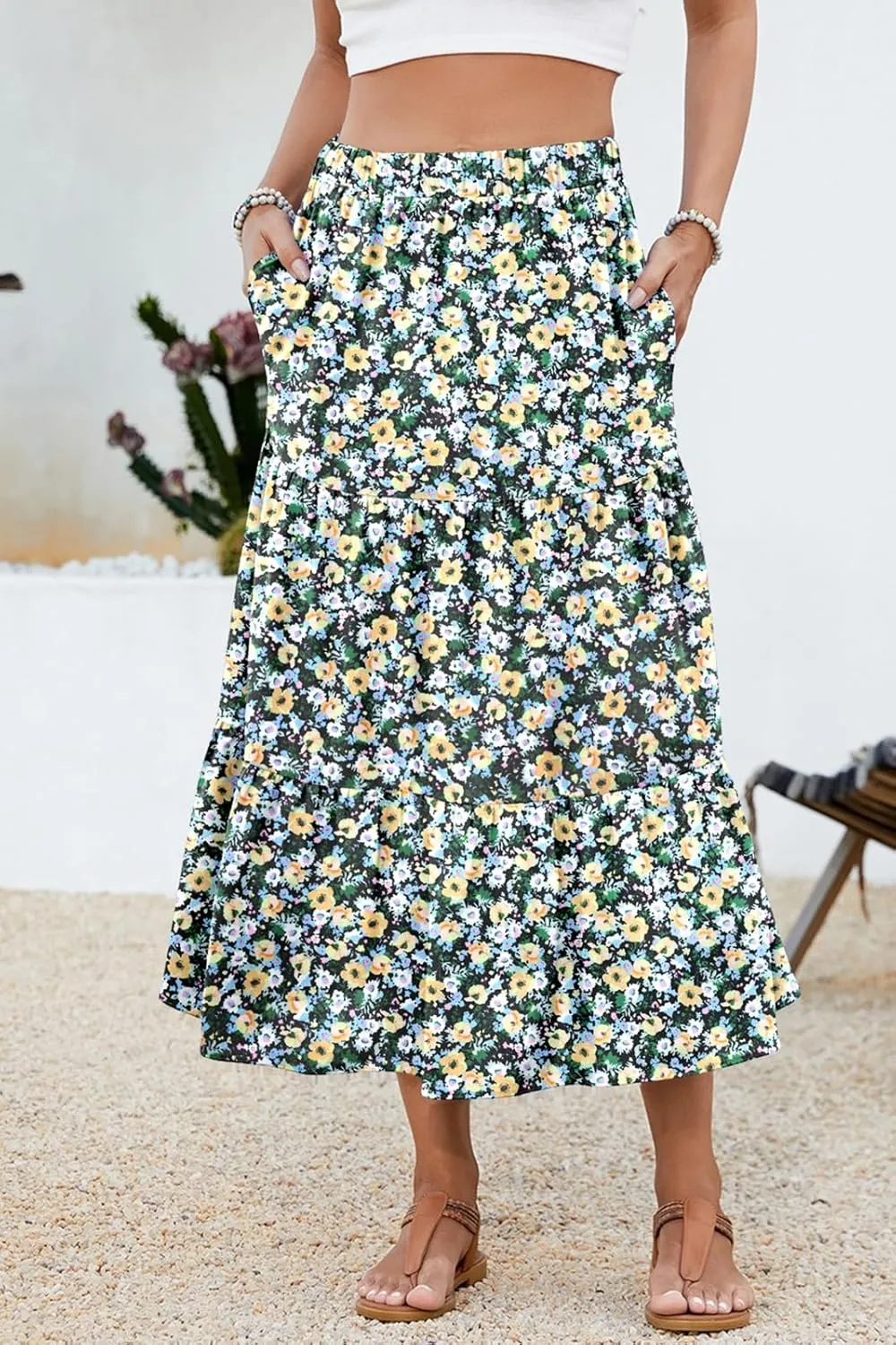 Women's 2025 Summer Boho Tiered Maxi Skirt Flowy A-Line Elastic Waist with Pockets Trendy Beach Long Skirts