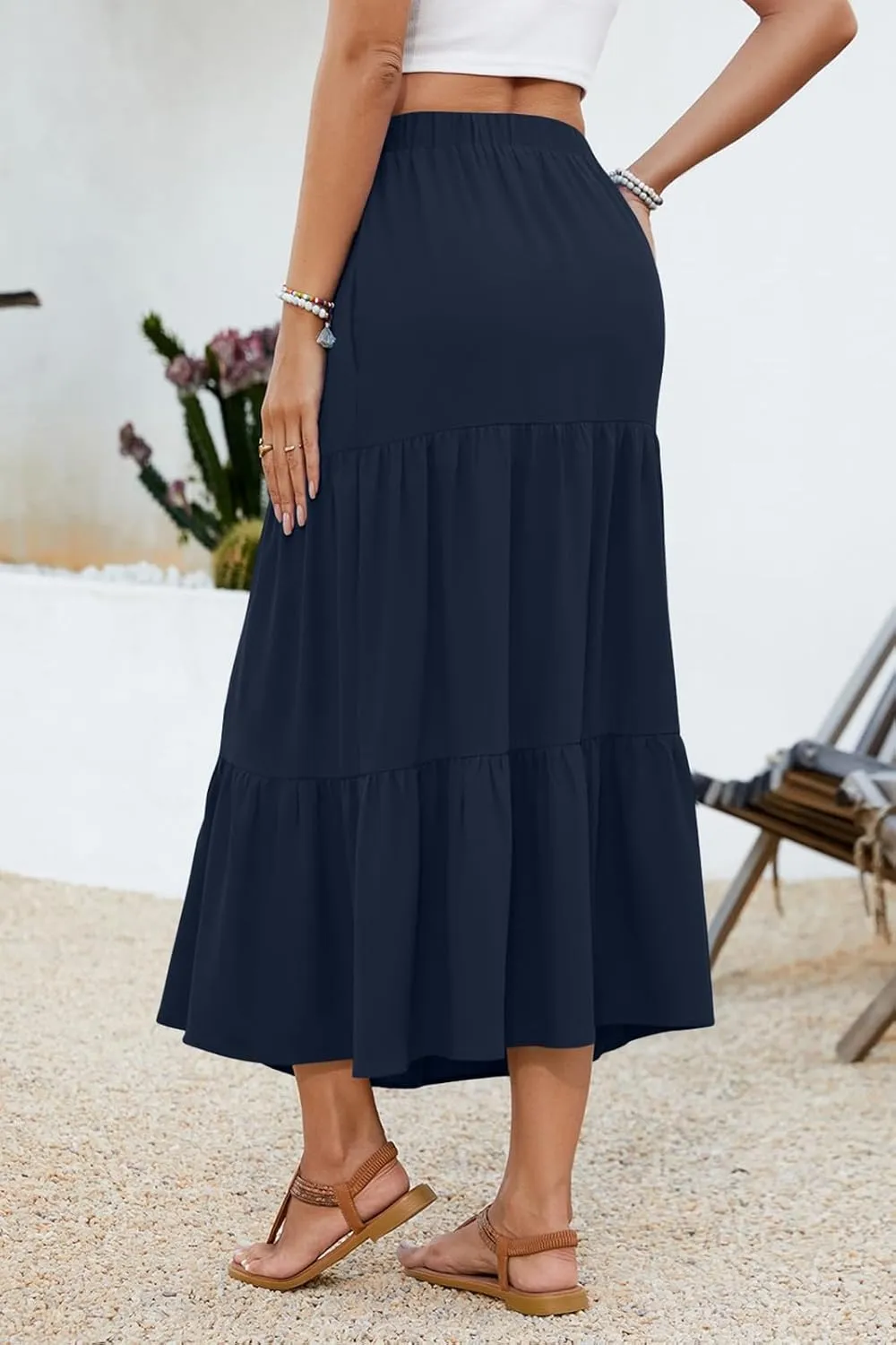 Women's 2025 Summer Boho Tiered Maxi Skirt Flowy A-Line Elastic Waist with Pockets Trendy Beach Long Skirts