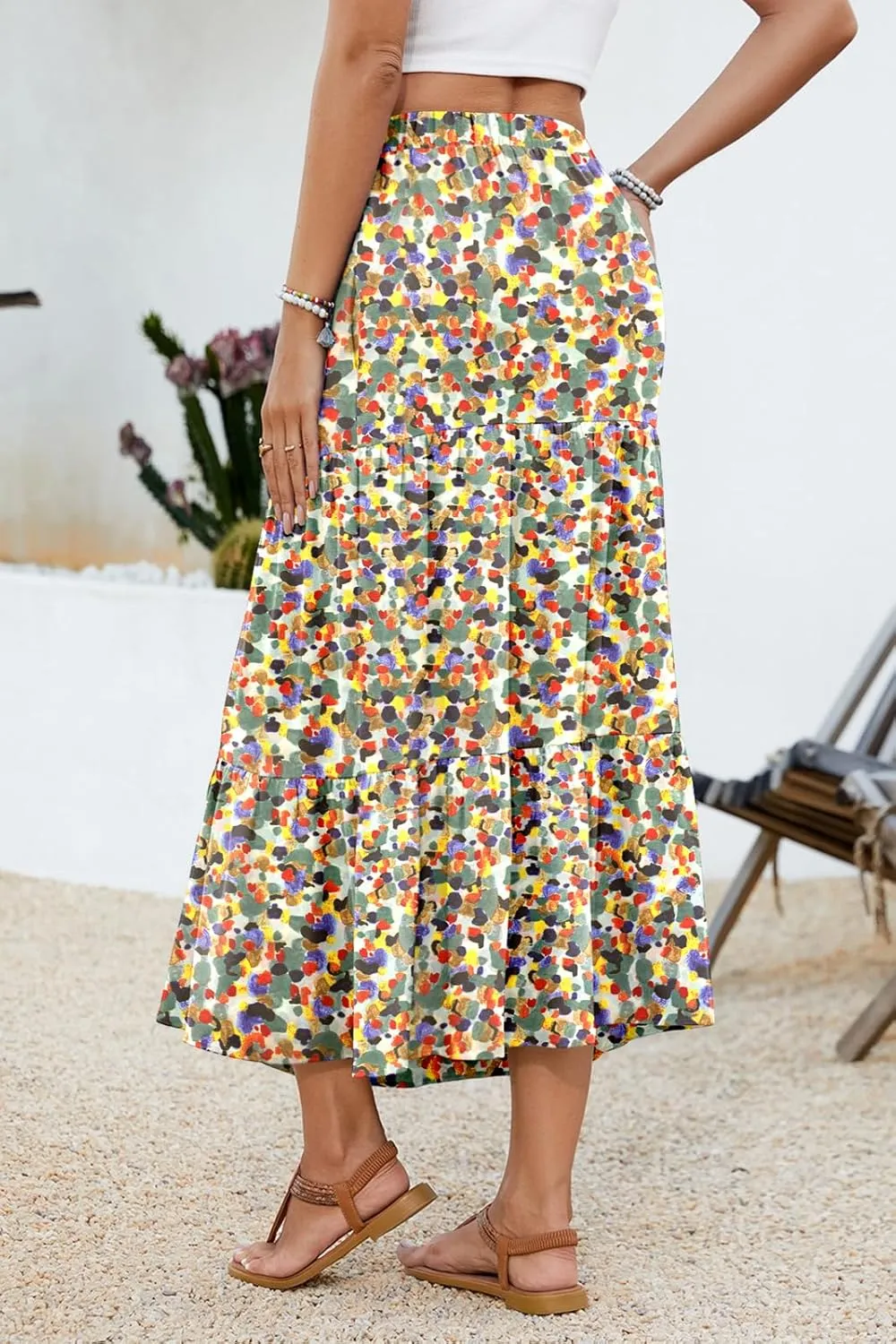 Women's 2025 Summer Boho Tiered Maxi Skirt Flowy A-Line Elastic Waist with Pockets Trendy Beach Long Skirts