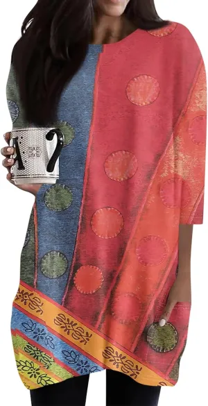 Womens 3/4 Sleeve Tunics or Tops to Wear with Leggings Oversized Casual Long Shirts Tops with Pockets