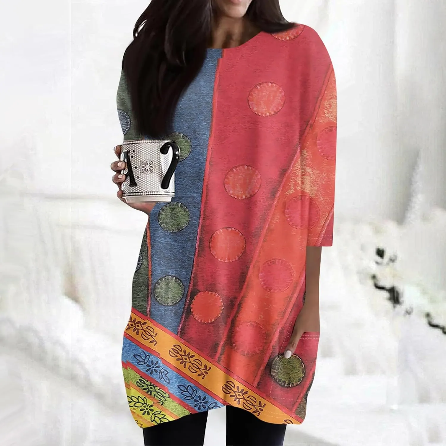 Womens 3/4 Sleeve Tunics or Tops to Wear with Leggings Oversized Casual Long Shirts Tops with Pockets