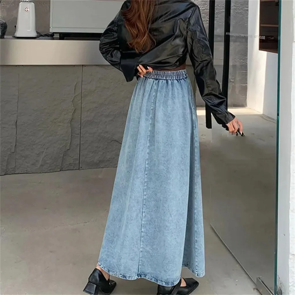 Womens A- Line Denim Skirt High Waisted Vintage Casual Denim Jean Skirt
