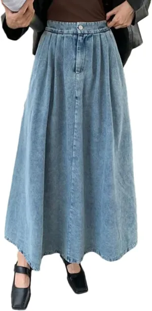 Womens A- Line Denim Skirt High Waisted Vintage Casual Denim Jean Skirt