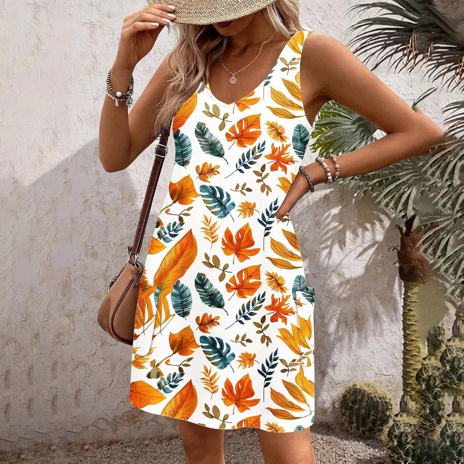 Women's Beach Dress Summer Fashion Floral Print V Neck Sleeveless Short Dress Casual Loose Breathable Sundress