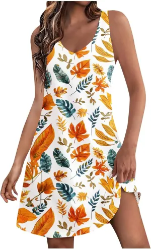 Women's Beach Dress Summer Fashion Floral Print V Neck Sleeveless Short Dress Casual Loose Breathable Sundress