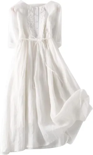 Womens Bohemian Cotton Linen Dresses 3/4 Sleeve Maxi Long Dress Plain Classic Dresses Trendy Boho Dresses with Belt