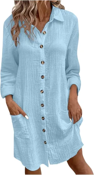 Womens Button Down Shirt Dress Summer Casual Short Sleeve Shirt Dress Beach Cover Up Loose Tunic Dresses with Pockets
