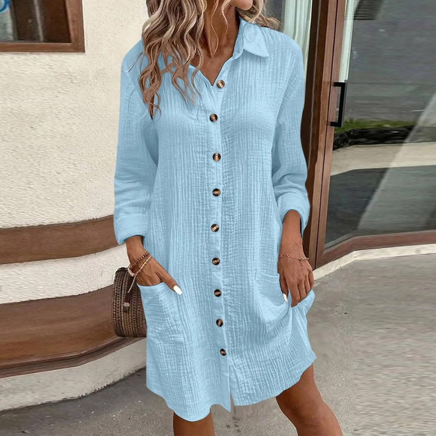 Womens Button Down Shirt Dress Summer Casual Short Sleeve Shirt Dress Beach Cover Up Loose Tunic Dresses with Pockets