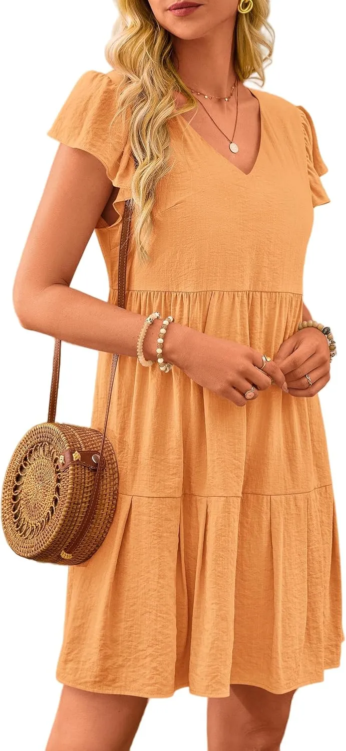 Women's Casual Tiered Dress Summer Beach Dresses Ruffle Cap Sleeve Mini Dress A-Line Swing V Neck Sundress