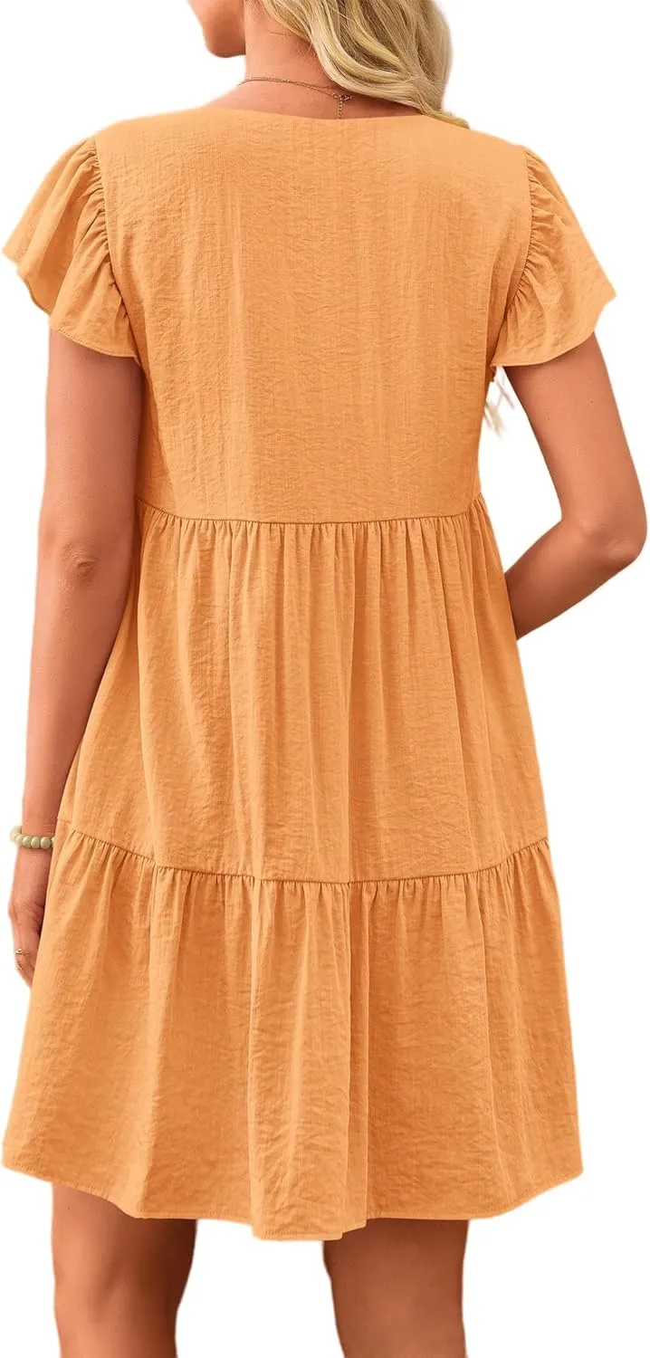 Women's Casual Tiered Dress Summer Beach Dresses Ruffle Cap Sleeve Mini Dress A-Line Swing V Neck Sundress