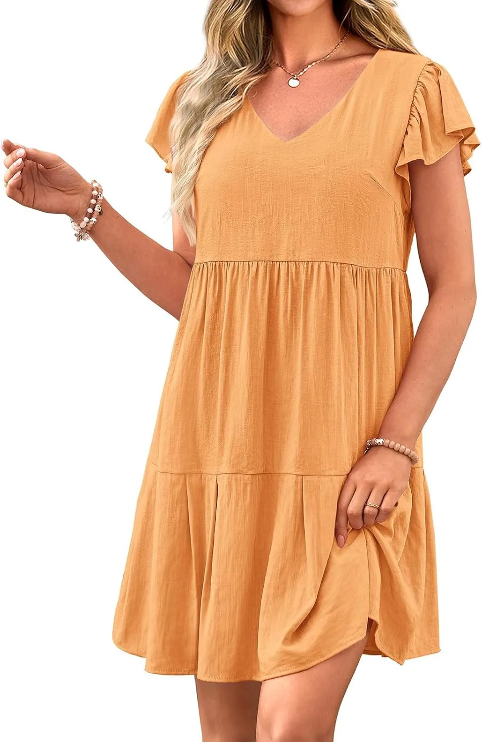 Women's Casual Tiered Dress Summer Beach Dresses Ruffle Cap Sleeve Mini Dress A-Line Swing V Neck Sundress