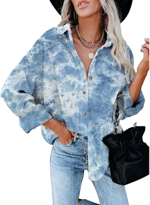 Womens Corduroy Button Down Shirts Casual Long Sleeve Jacket Shacket Boyfriend Blouses Tops Lapel Coats with Pockets