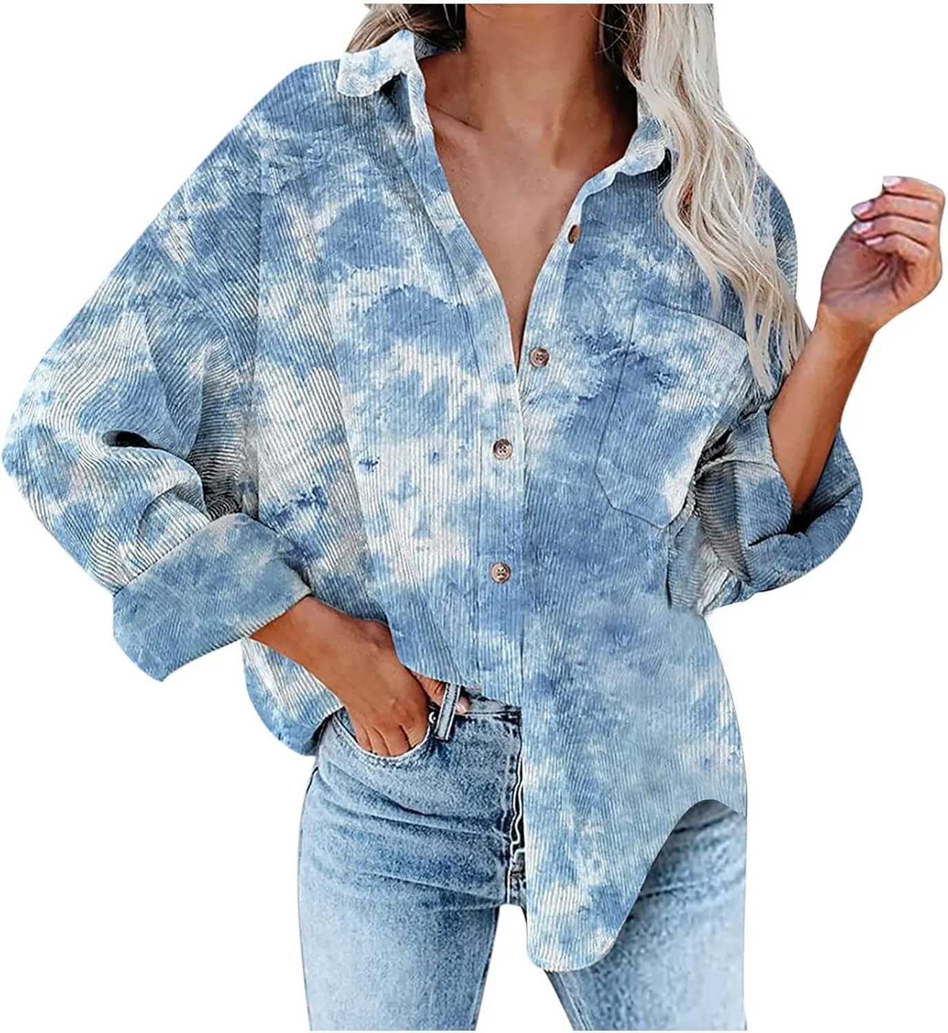 Womens Corduroy Button Down Shirts Casual Long Sleeve Jacket Shacket Boyfriend Blouses Tops Lapel Coats with Pockets