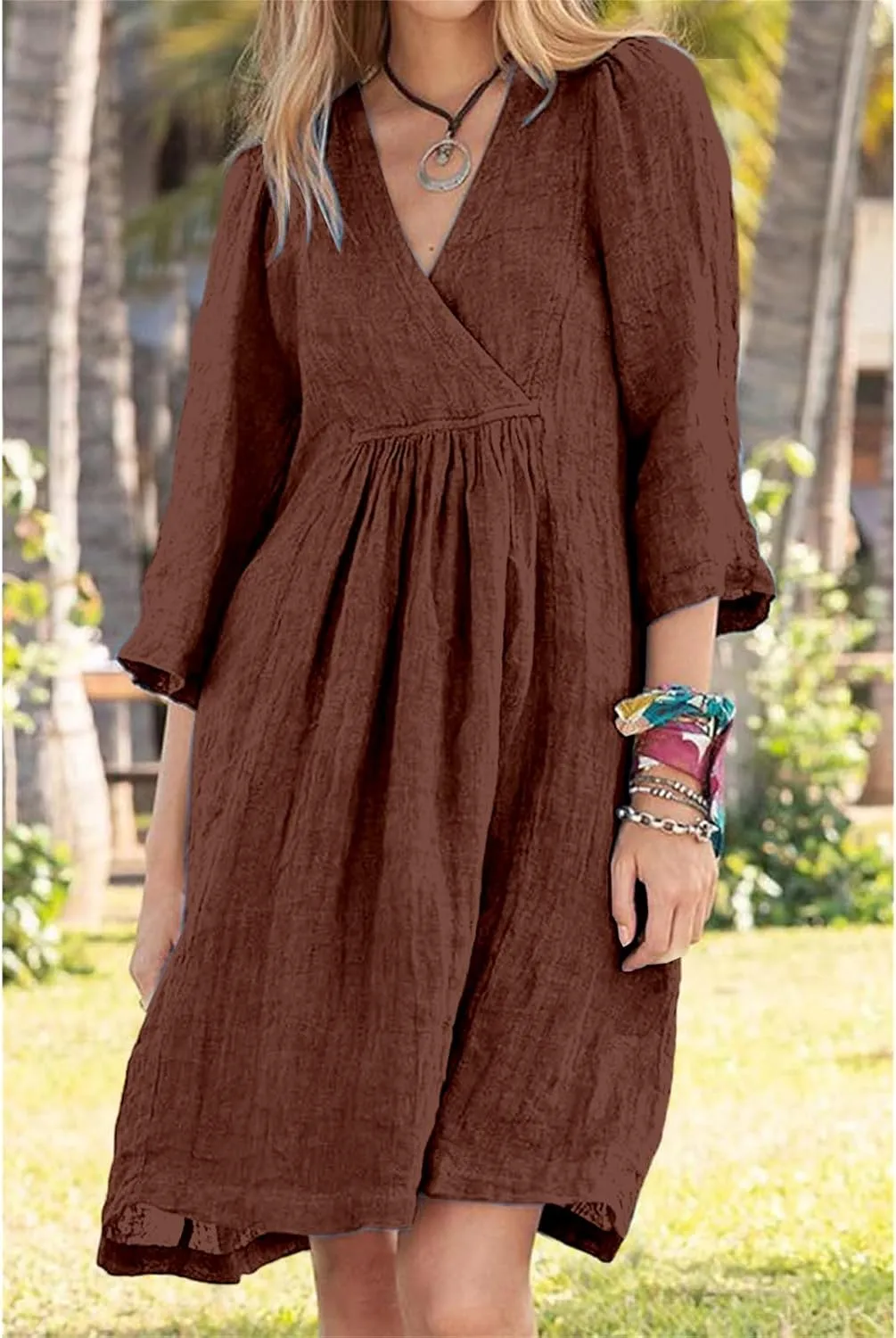 Womens Cotton Linen A-line Dress Casual 3/4 Sleeve Wrap V Neck Midi Dresses Loose Fit Beach Vacation Dress