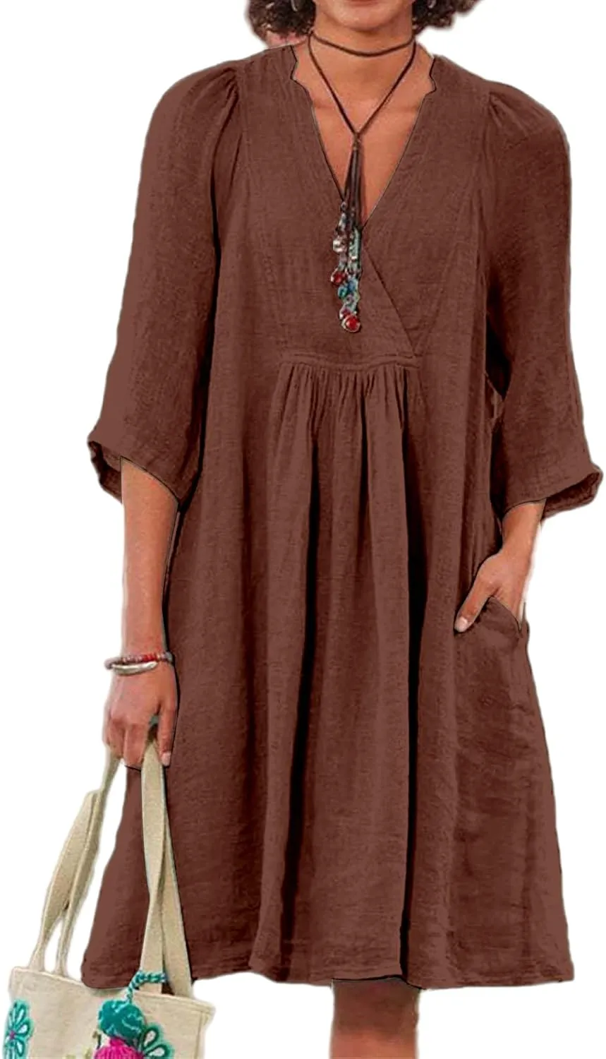 Womens Cotton Linen A-line Dress Casual 3/4 Sleeve Wrap V Neck Midi Dresses Loose Fit Beach Vacation Dress