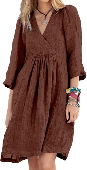 Womens Cotton Linen A-line Dress Casual 3/4 Sleeve Wrap V Neck Midi Dresses Loose Fit Beach Vacation Dress