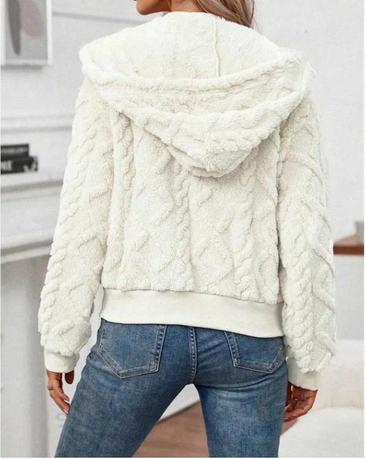 Womens Cropped Jacket Full Zip Fleece Short Coats Casual Hoodie Outerwear with Pockets