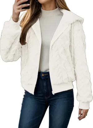 Womens Cropped Jacket Full Zip Fleece Short Coats Casual Hoodie Outerwear with Pockets