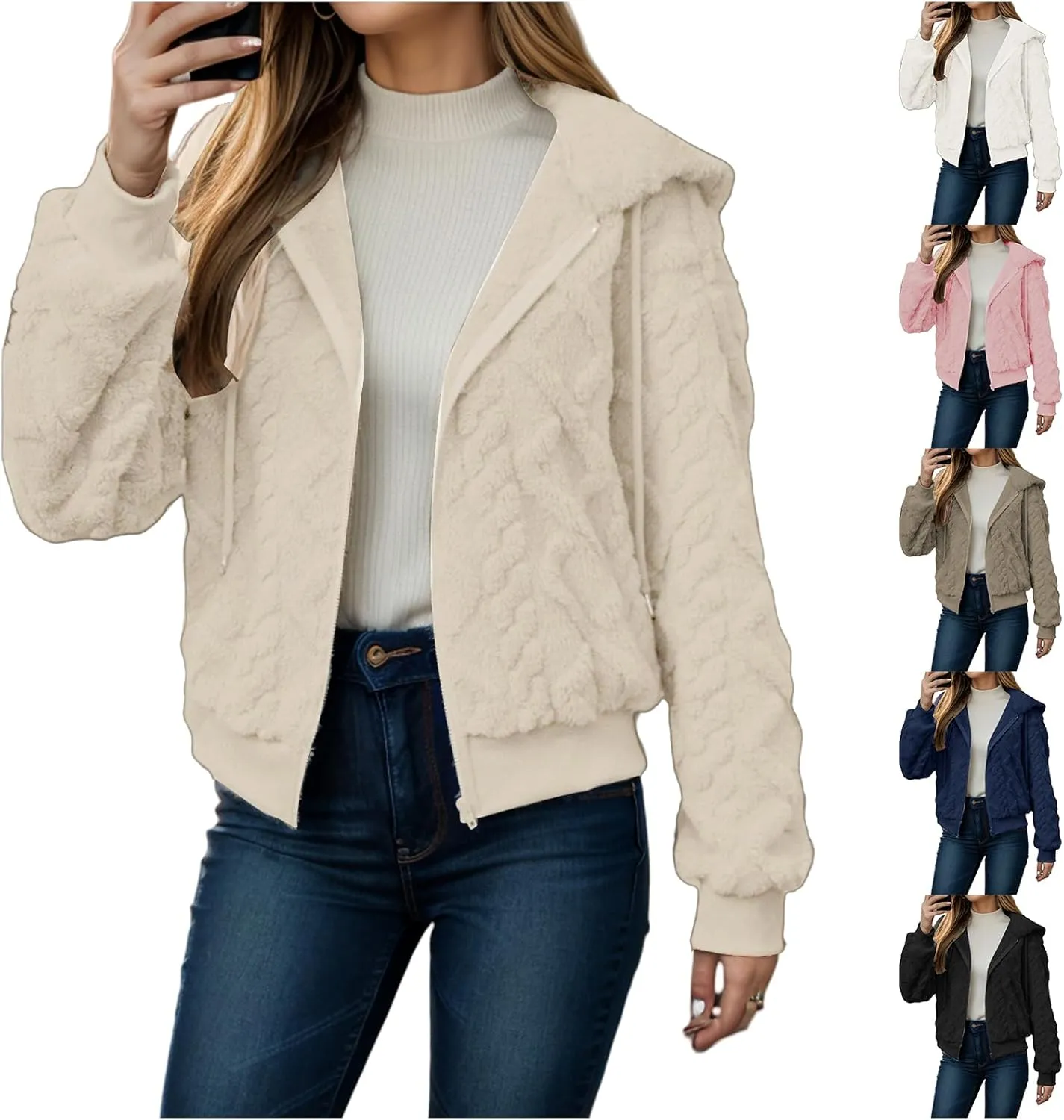 Womens Cropped Jacket Full Zip Fleece Short Coats Casual Hoodie Outerwear with Pockets